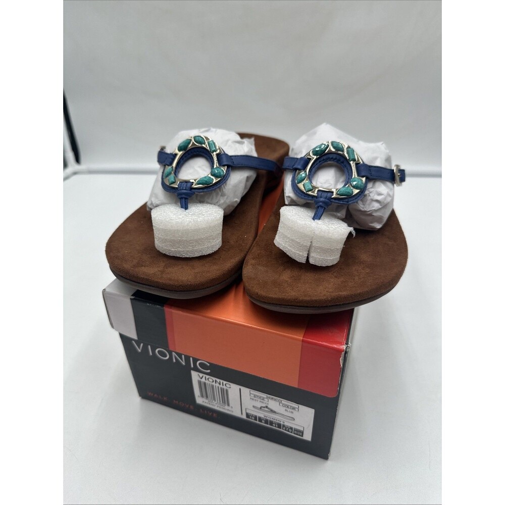 VIONIC Ricci Thong Sandals Jeweled Ring Leather Flip Flops Blue Turquoise 10wide